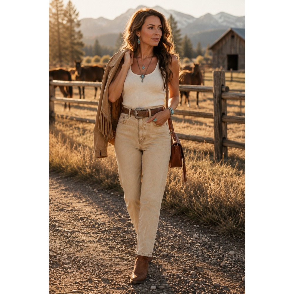 Quarter Horse Vintage High Rise Western Jeans Tan Beige Cotton Womens 3/4 USA